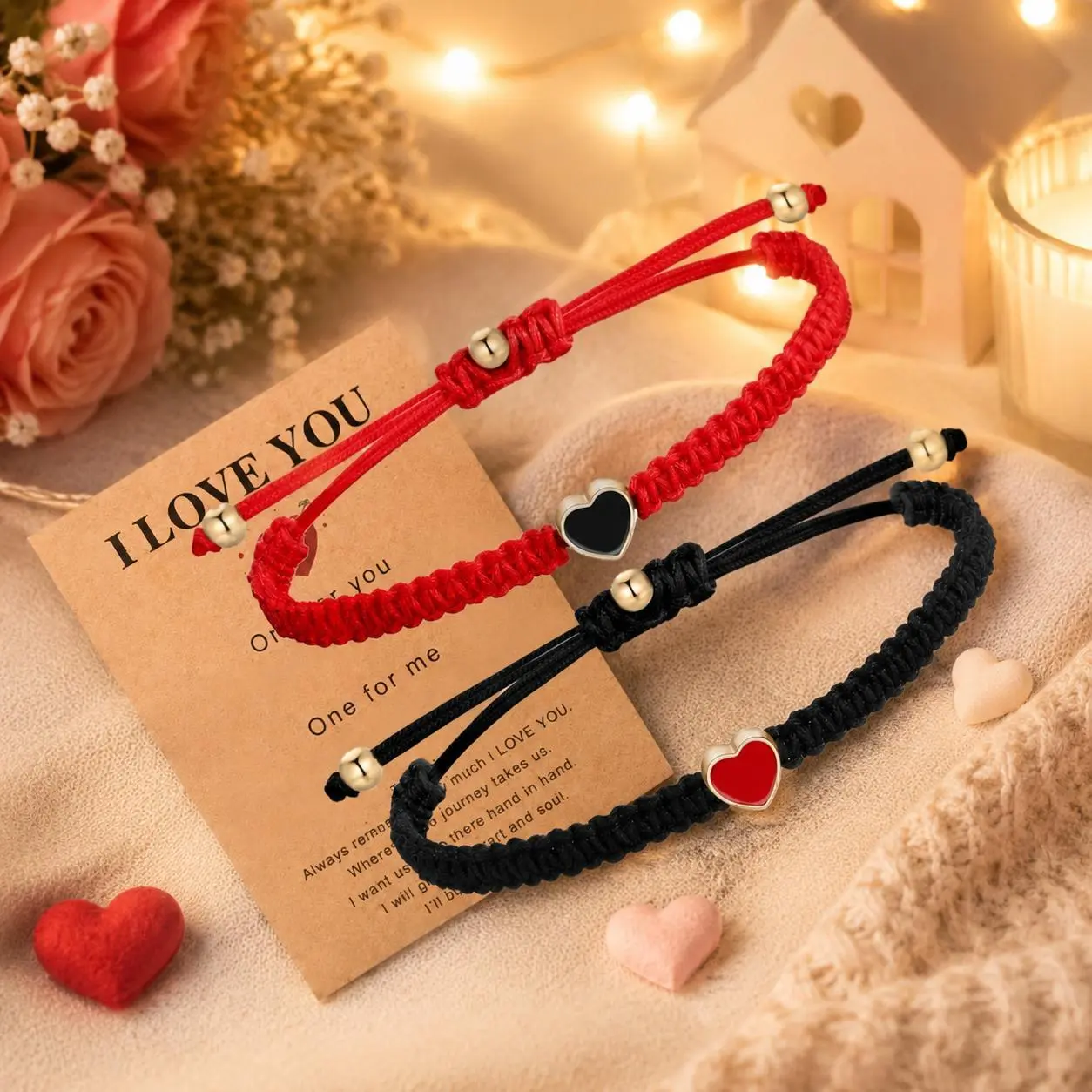 Couple Braided Heart Bracelets Set – Red & Black Rope Handwoven Jewelry with Gold Spacer Beads, Adjustable Knot Love Bracelet Set for Couples, Romantic Gift for Valentine’s Day & Daily Wear