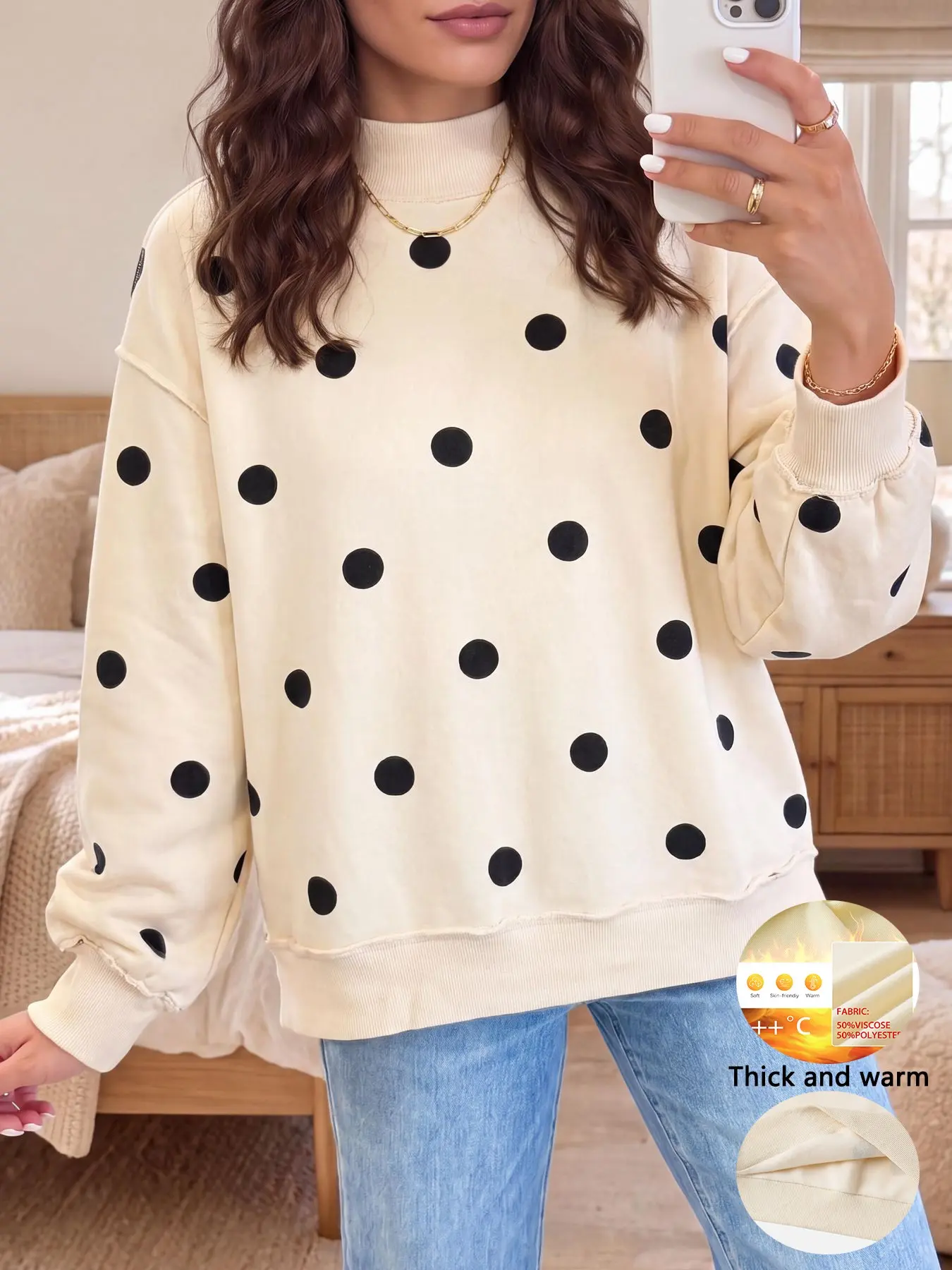 Women's Fleece Sweatshirt, Loose Fit Oversized, Fashion Casual Polka Dot Print, High Neck Thickened, Fall Winter Warm Pullover