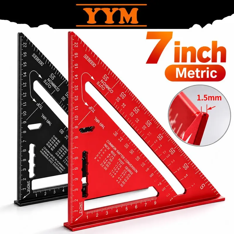 Yym Aluminum Alloy 7-Inch Triangle Ruler, Imperial/metric Protractor, Right Angle Square, Precision Woodworking Measurement Tool