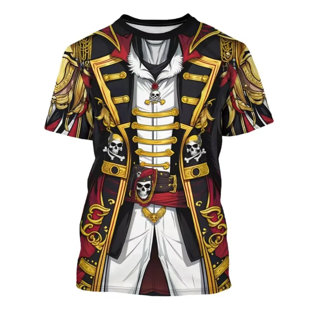 Men's Pirate Captain Graphic Short-Sleeve Crewneck T-Shirt, Funny Cosplay Costume Tuxedo Tee, Casual Sports Top