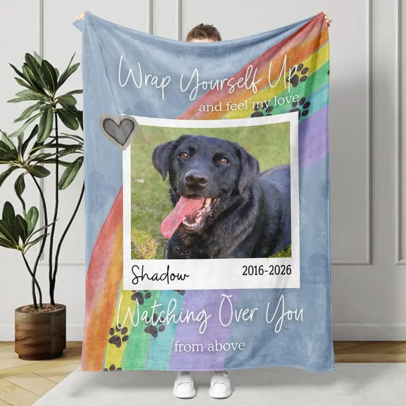 Personalized Dog Memorial Photo Blanket, Custom Pet Loss Keepsake, Pet Memory Gift, In Loving Memory Blanket, Rainbow Bridge Pet Memorial