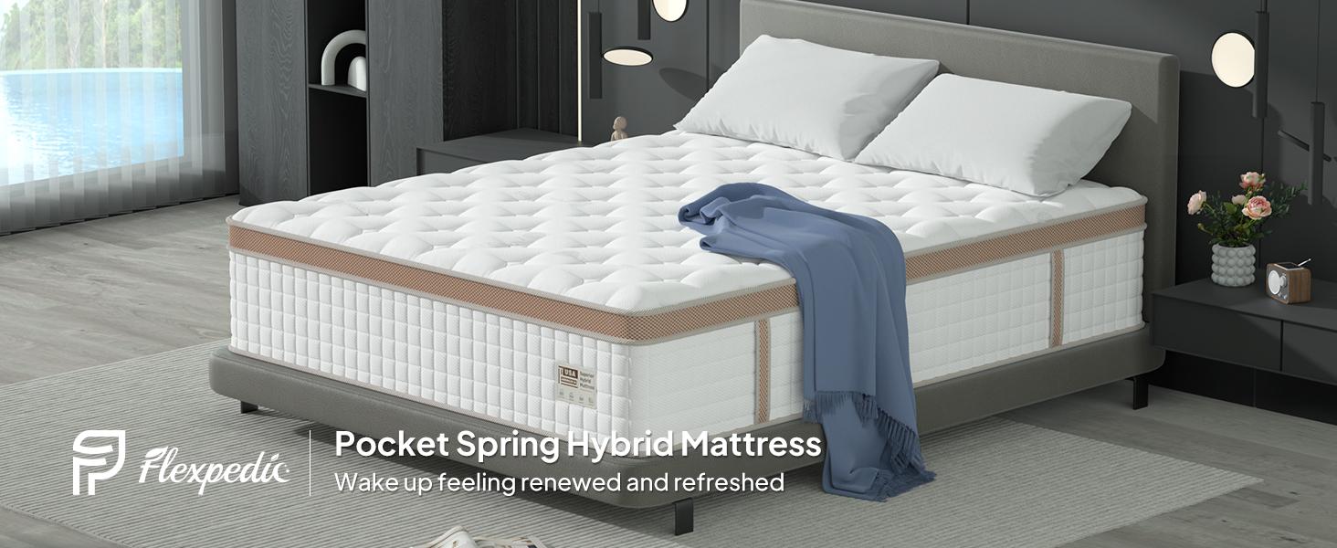 FlexPedic 12-14 Inch Extra Firm Hybrid Mattress, Queen/King, Gel Memory Foam & Pocket Springs for Pressure Relief & Motion Isolation, Fiberglass-Free