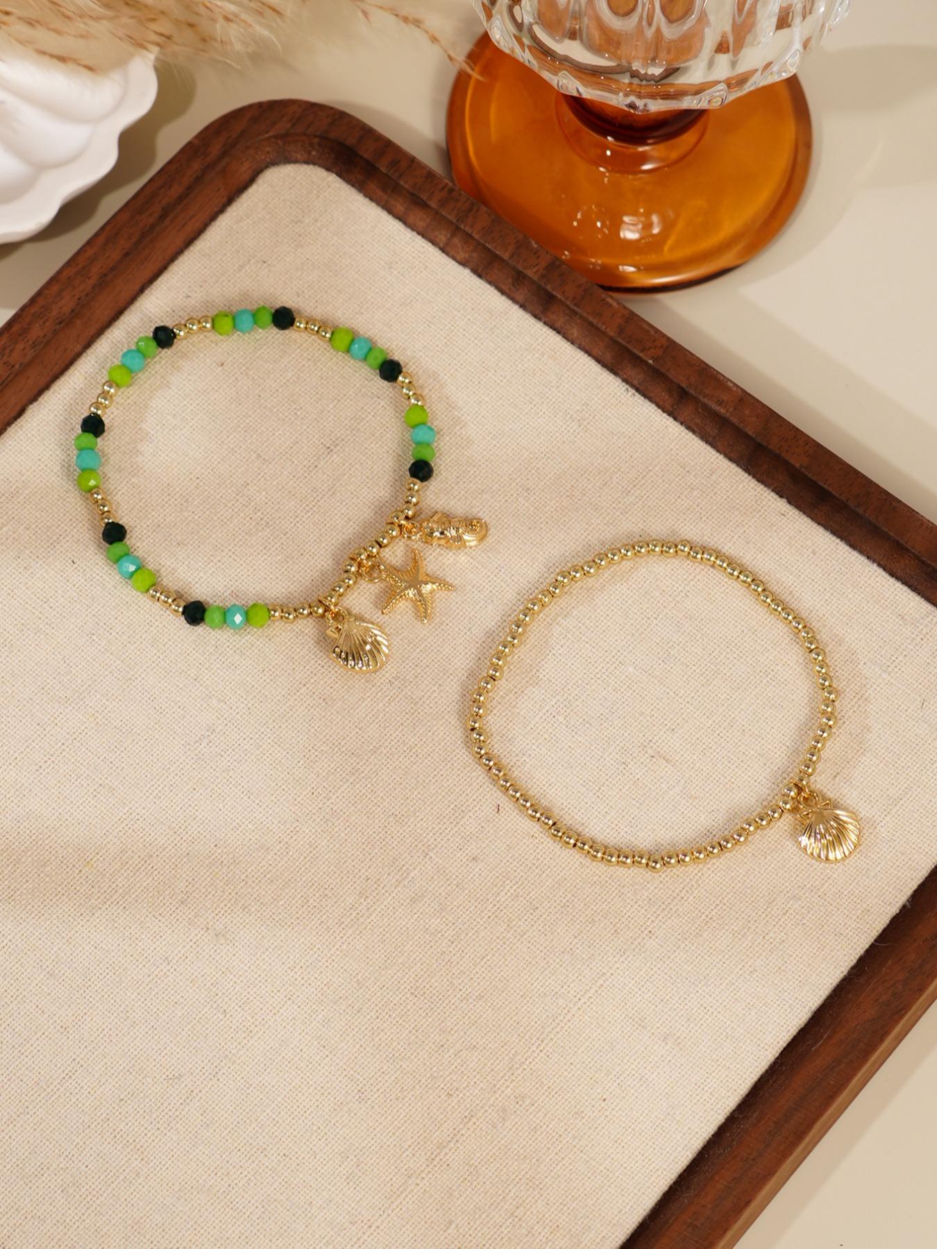 Women Boho Shell Starfish Bracelet Set, Beach Vacation Party Stackable Jewelry, Ccb Material, No Choking Hazard, Ca Prop 65 Compliant