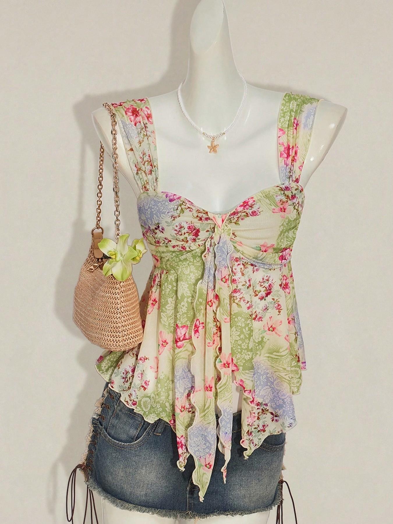 Summer Fashion Beach Vacation Floral Mesh Halter Top, Asymmetric Hem Sheer Sleeveless Shirt, Women's Loose-Fit Holiday Tank Top