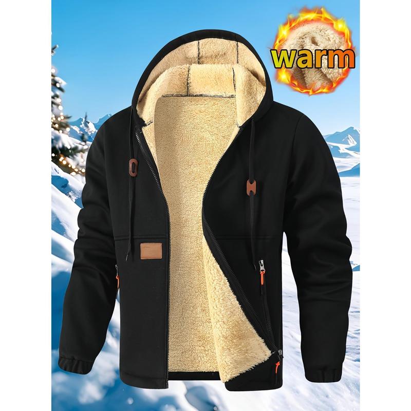 Men's Thick Fleece Hooded Cardigan Sweatshirt - Menswear Top, Warm Cozy Fashionable, Loose Fit with Drawstring, Zipper Pockets, Casual Streetwear Outerwear for Autumn Winter, Daily Wear Gifting, Tops