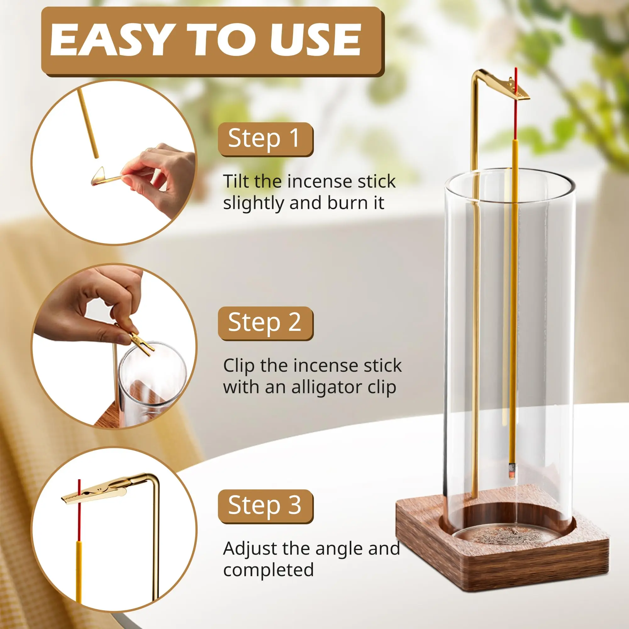 Wooden Incense Burner with Glass Ash Tray, Perfect for Meditation Yoga Spa Room Decor, Anti- Flying Smokeless Incense Holder, Incense Holder for Sticks