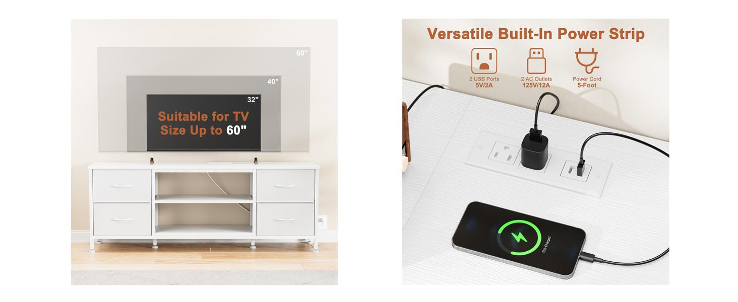 Aowos Dresser TV Stand for 50/55 inch TV, Wide Dressers & Chests of Drawers with Charging Station & 4 PU Drawers Storage, Console Sofa Table for Bedroom, Living Room Aowos Dresser TV Stand for 50/55 inch TV, Wide Dressers & Chests of Drawers with Charging Station & 4 PU Drawers Storage, Console Sofa Table for Bedroom, Living Room