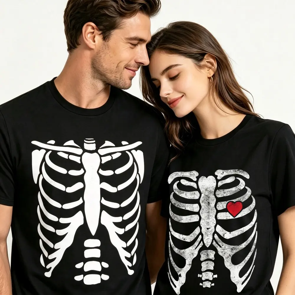 Matching Couple Skeleton Ribcage T Shirts His And Hers Red Heart Bone Graphic Tee Halloween Outfit