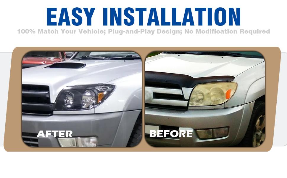 Headlight Assembly with Bulbs Compatible with 2003 2004 2005 Toyota 4Runner Headlamp Black Housing Replacement Pair#TO2502146,  TO2503146