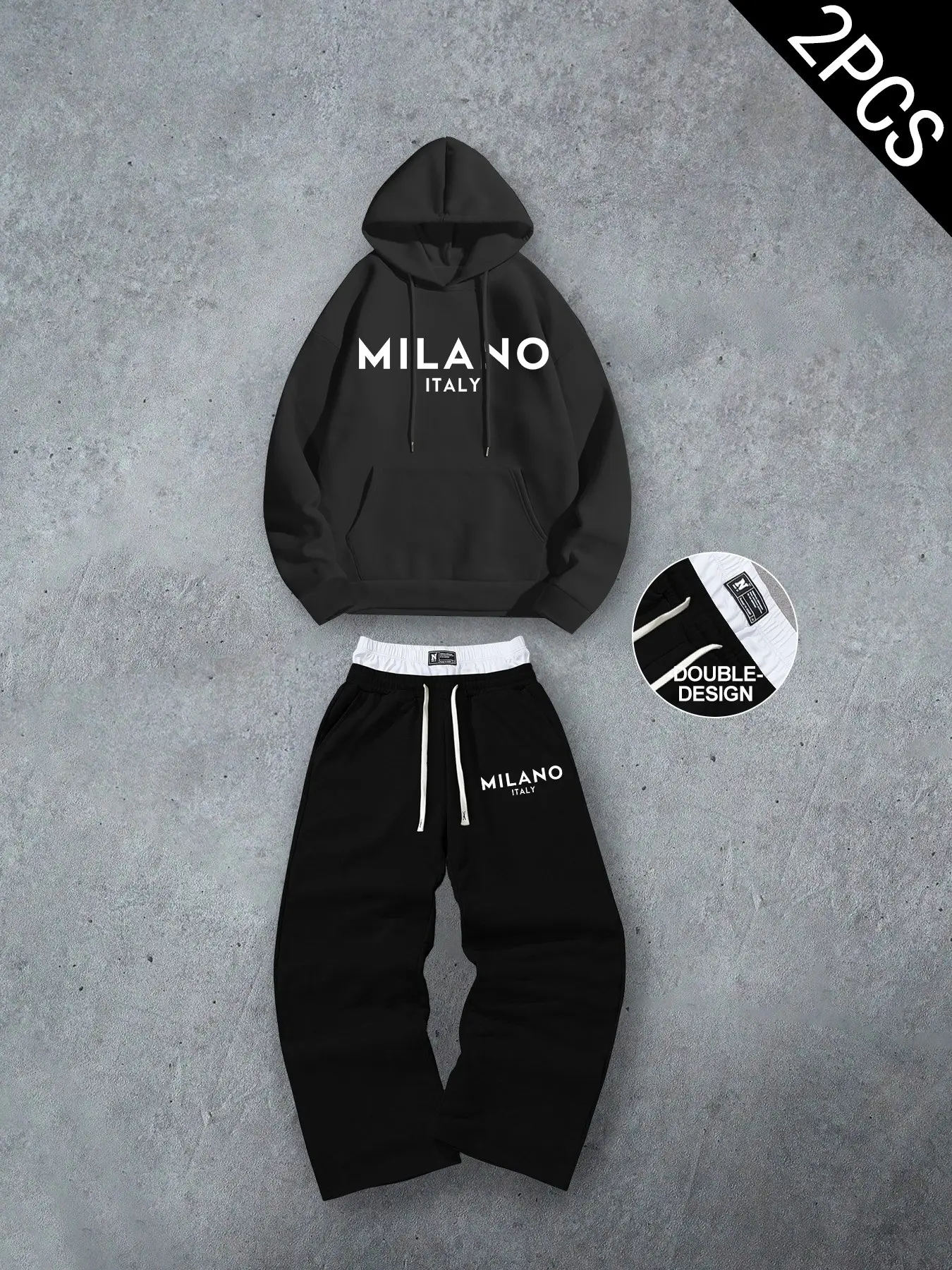 Men Milano Italy Letter Print 2 Piece Tracksuit, Oversized Pullover Hoodie & Double Waistband Wide Leg Sweatpants Set, Soft Cozy Streetwear Athleisure Outfit For Daily Loungewear Travel Airport Casual Wear