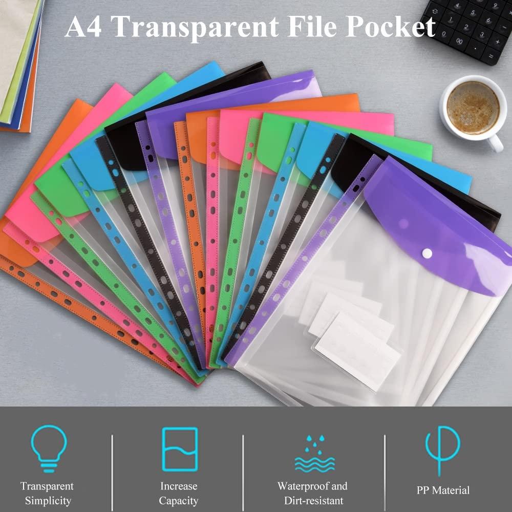 Envelope File Folder, 6 Counts Transparent Snap Closure File Binder, 11 Holes Expandable Pocket Binder Folder for School Home Office