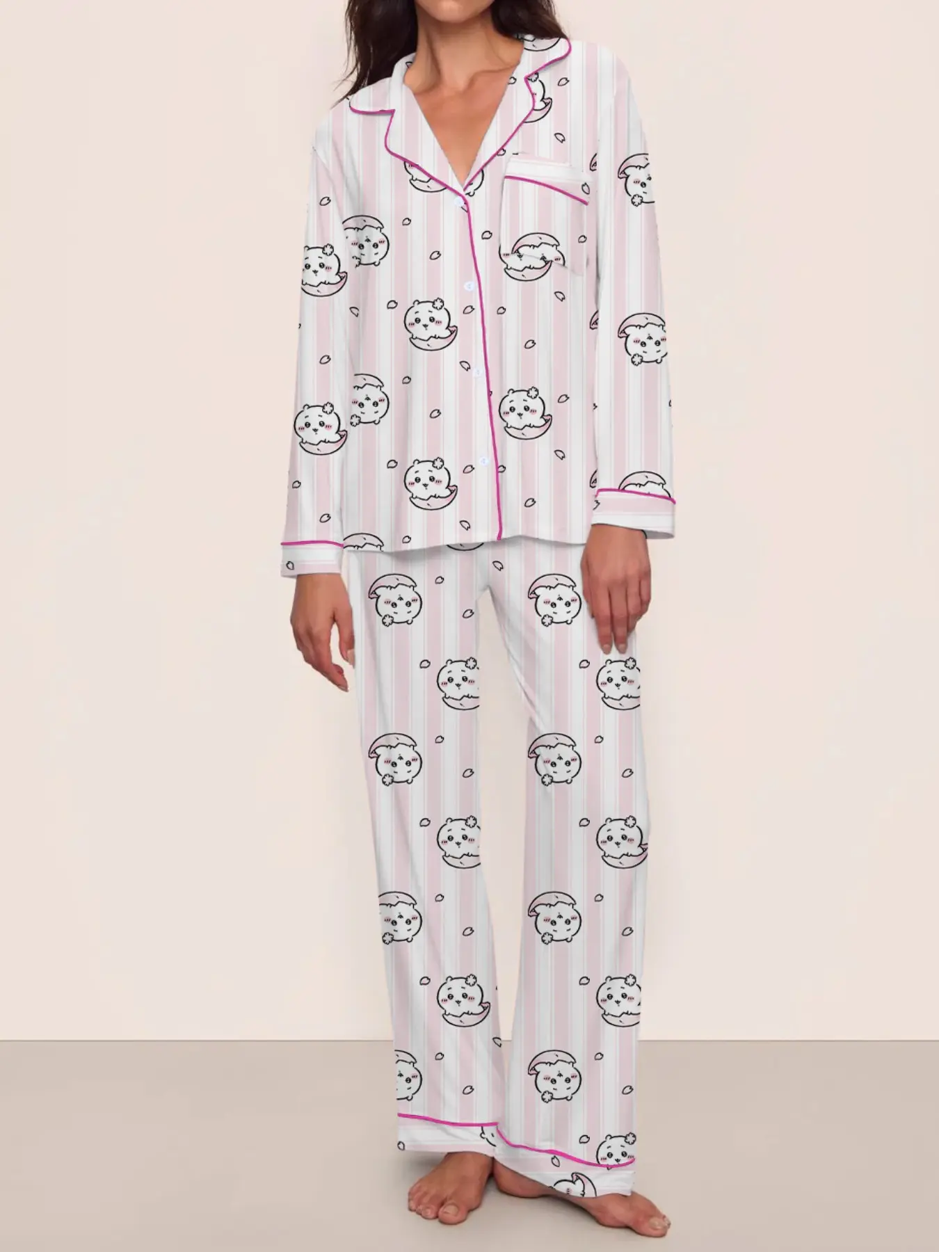 Women's Cartoon Bunny Pajama Set, Long Sleeve Shirt and Pants, Casual Geometric Print, All Seasons, Party Gift, Home Wear Pjs