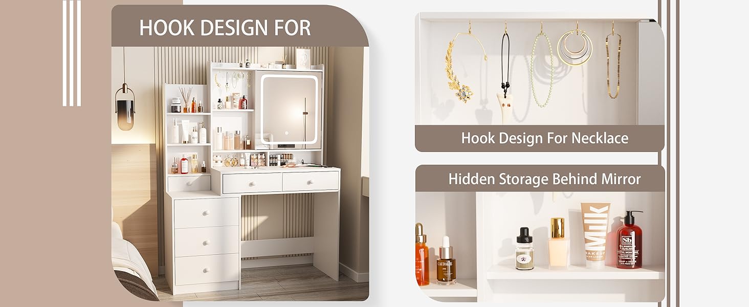 Vabches Vanity Makeup Mirror Desk, Makeup Vanity with 6 Drawers and Shelves,Vanity Table with Power Strip,Vanity Mirror 3 Lighting Color Adjustable