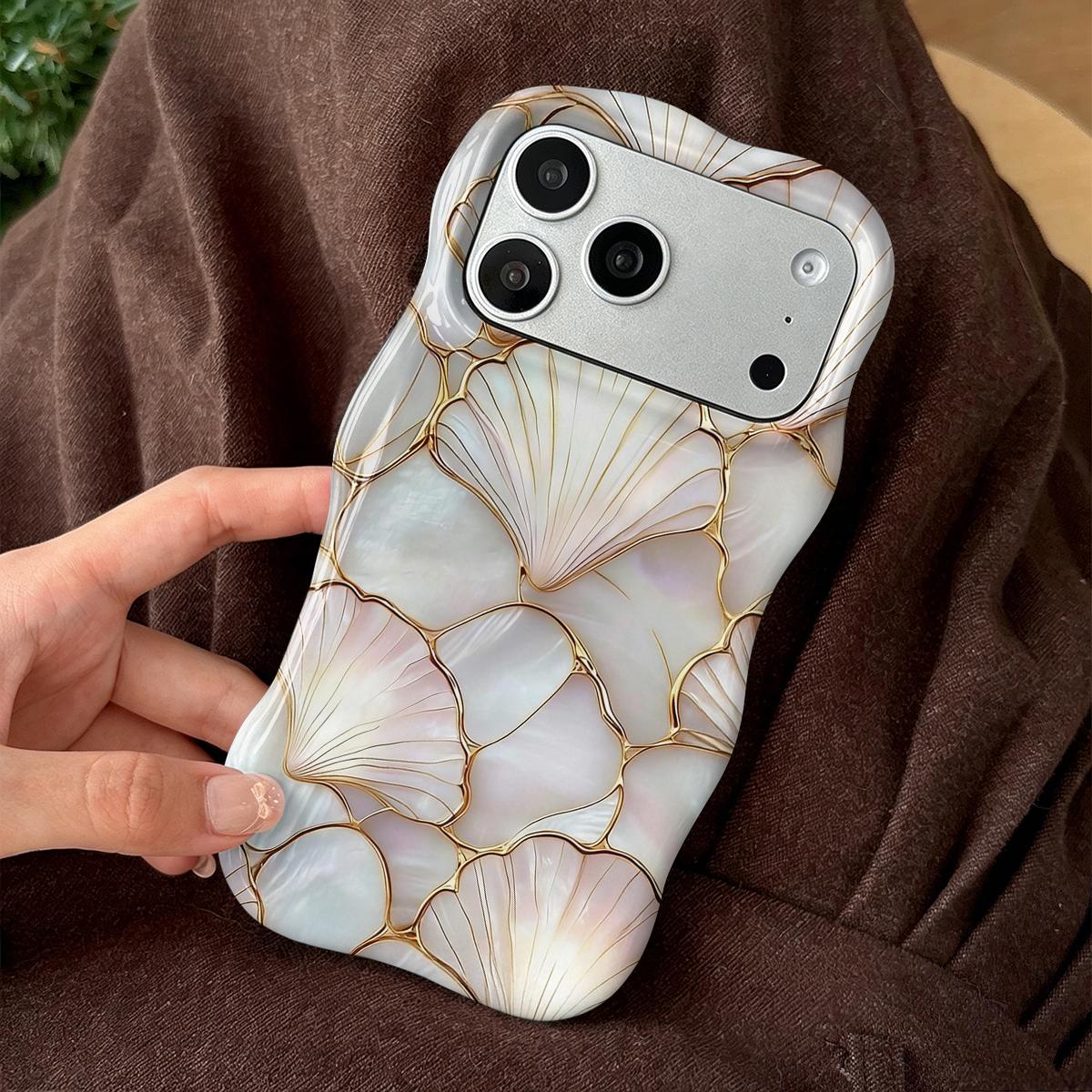 Shockproof Protective Smartphone Case for 6.1-6.7" Phones, Dual PC+TPU Blend with 2D Pearl Shell Ginkgo Leaf Golden Line Print, Marble Design, Camera Cover, Wavy Curved Raised Edges, Glossy Finish, Non-Slip, Easy Installation, Aesthetic Boost