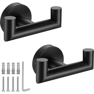 Towel Hooks for Bathrooms,Matte Black Towel Hook for Kitchen Bathroom,SUS304 Stainless Steel Coat Hook,Heavy Duty Double Towels Holder Hooks for Hanging Towels,Coats,sponges,Clothes,Wall Mount,2 Pack