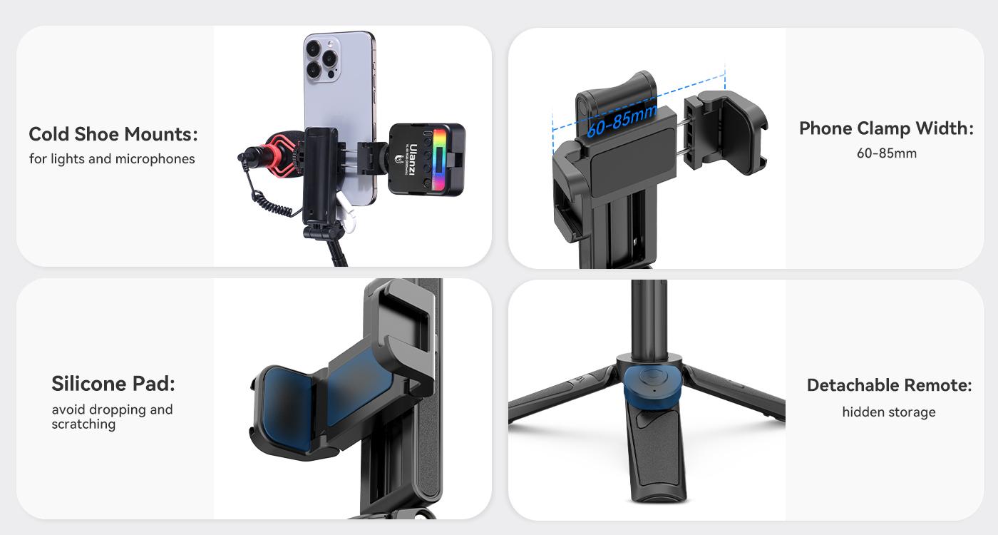 ULANZI JJ02 Selfie Stick Tripod, Extendable Grip Phone Tripod with Detachable Remote Pocket Size, 3-in-1 Mini Phone Grip 2 Cold Shoe, 10m/393.7'' Wireless Shutter, Vlog Livestreaming Photography