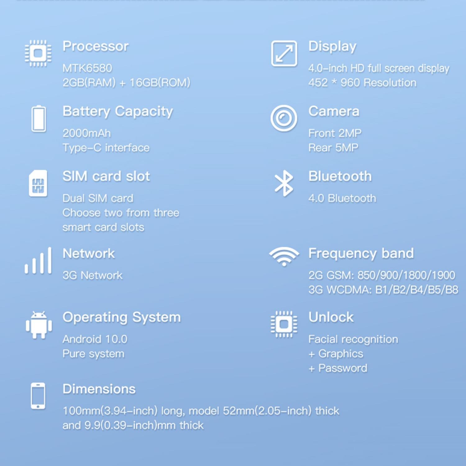 FUFFi-Mini Smartphone, 4.0 Inch, 2+16GB ROM, 3G Network, 2000mah Battery, Backup Phone, Kids Phone, Gift Idea