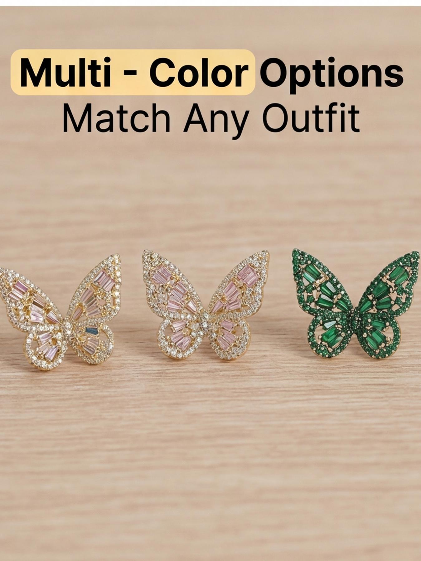 Women's Hypoallergenic Luxury Rainbow Crystal Butterfly Stud Earrings, Gold Plated Full Paved Multi-Color Rhinestone Inlaid Statement Earrings, Fashion Jewelry for Party Wedding Everyday Wear & Gift