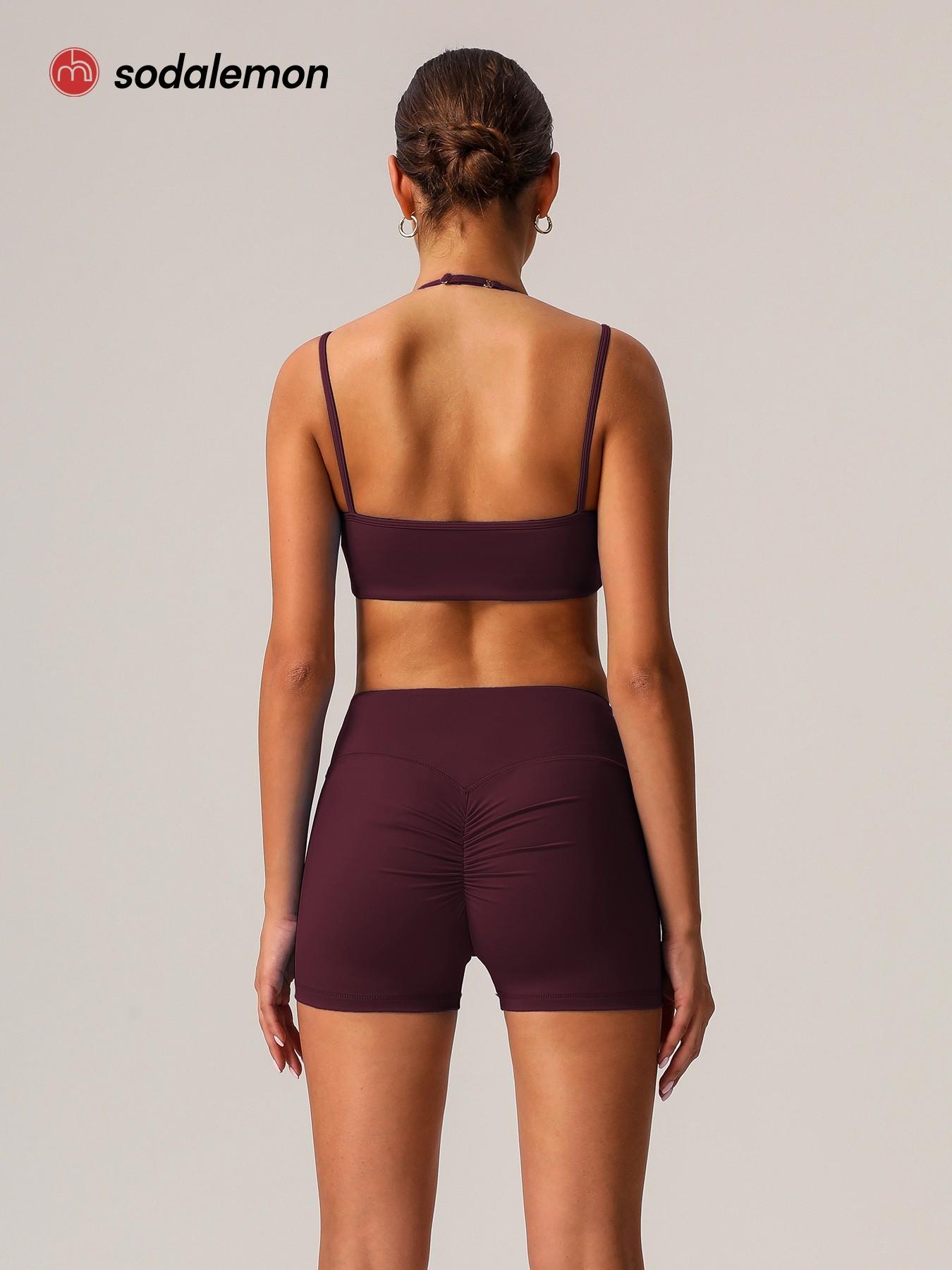 Sodalemon Women's Solid Crop Sports Bra & Shorts Sportswear Set, Casual Comfy Breathable Two-piece Outfits for Yoga Gym Workout Running, Ladies Spring & Fall Clothes