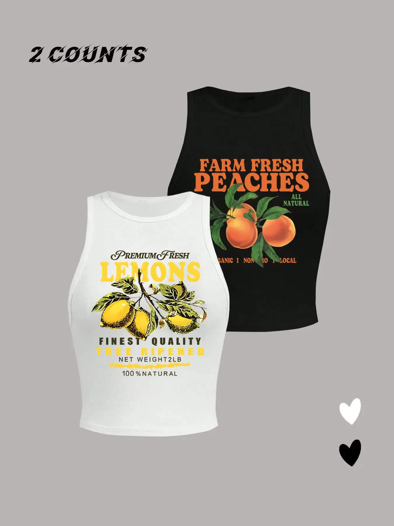 Women's Summer Tank Tops, 2-Pack Vintage Farm Lemon Peach Print, Slim-Fit Sleeveless Crop Top, Y2K Coquette Style, Casual All-Season Wear
