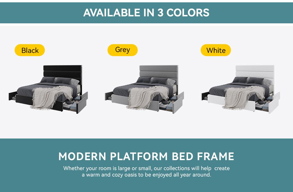 HOOMIC Platform Bed Frame with 4 Storage Drawers and Upholstered Headboard,Modern Bed with Horizontal/Vertical Stripes,No Box Spring Needed,Full/Queen/King Size,White/Grey/Black,#SummerVibes