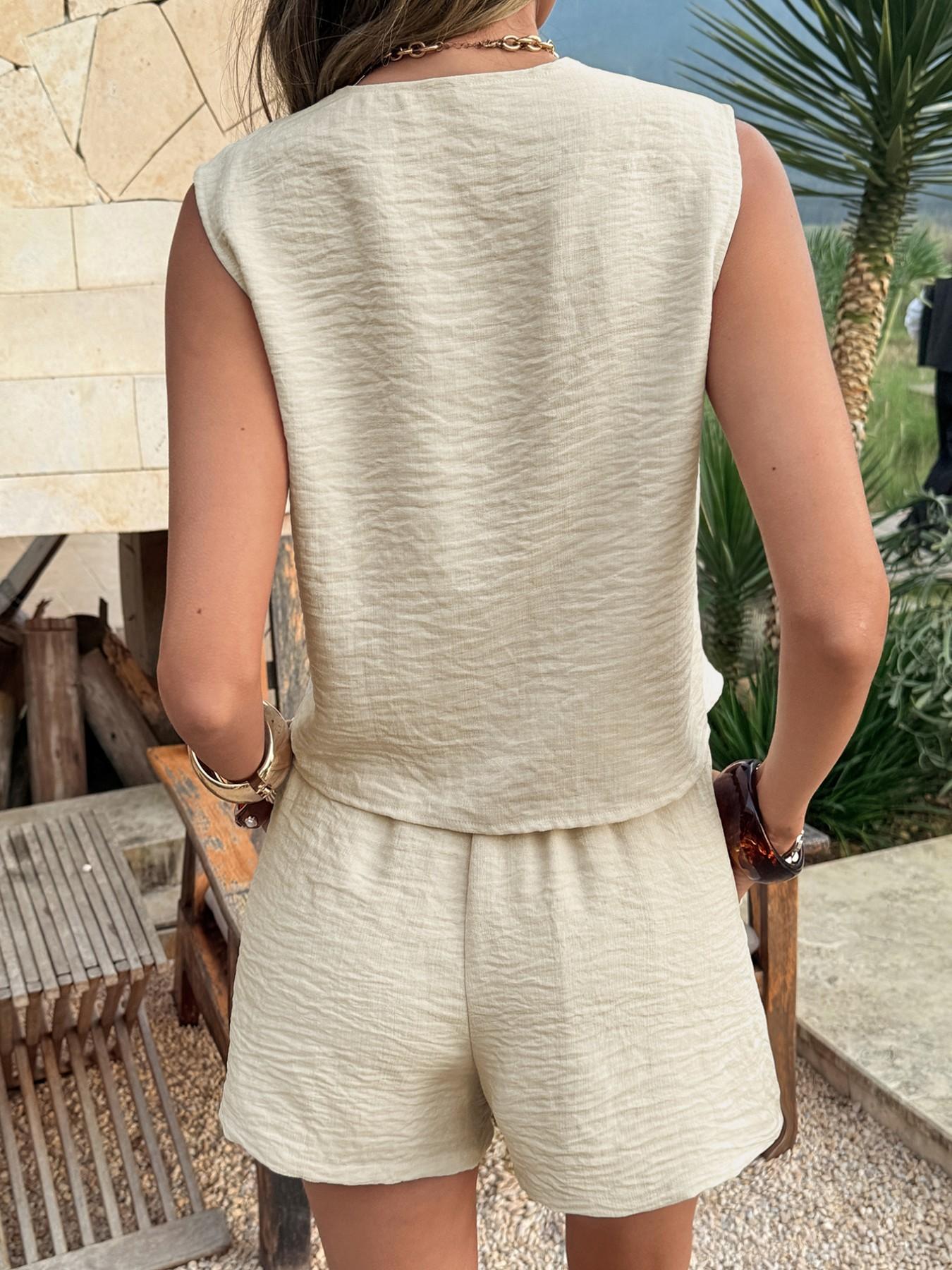 Women's V Neck Lace-Up Sleeveless Crop Top & Shorts Set, Casual Loose Fit Plain Design, Daily Wear Two-Piece Womenswear