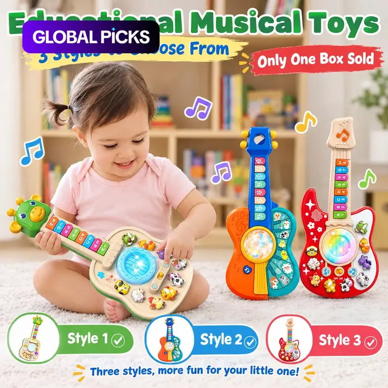 Music Guitar Toy for Kids, Abc Learning, Light and Sound, Interactive Instrument, Animal Sounds, Holiday Gift, Requires Aa Batteries #GLOBAL PICKS