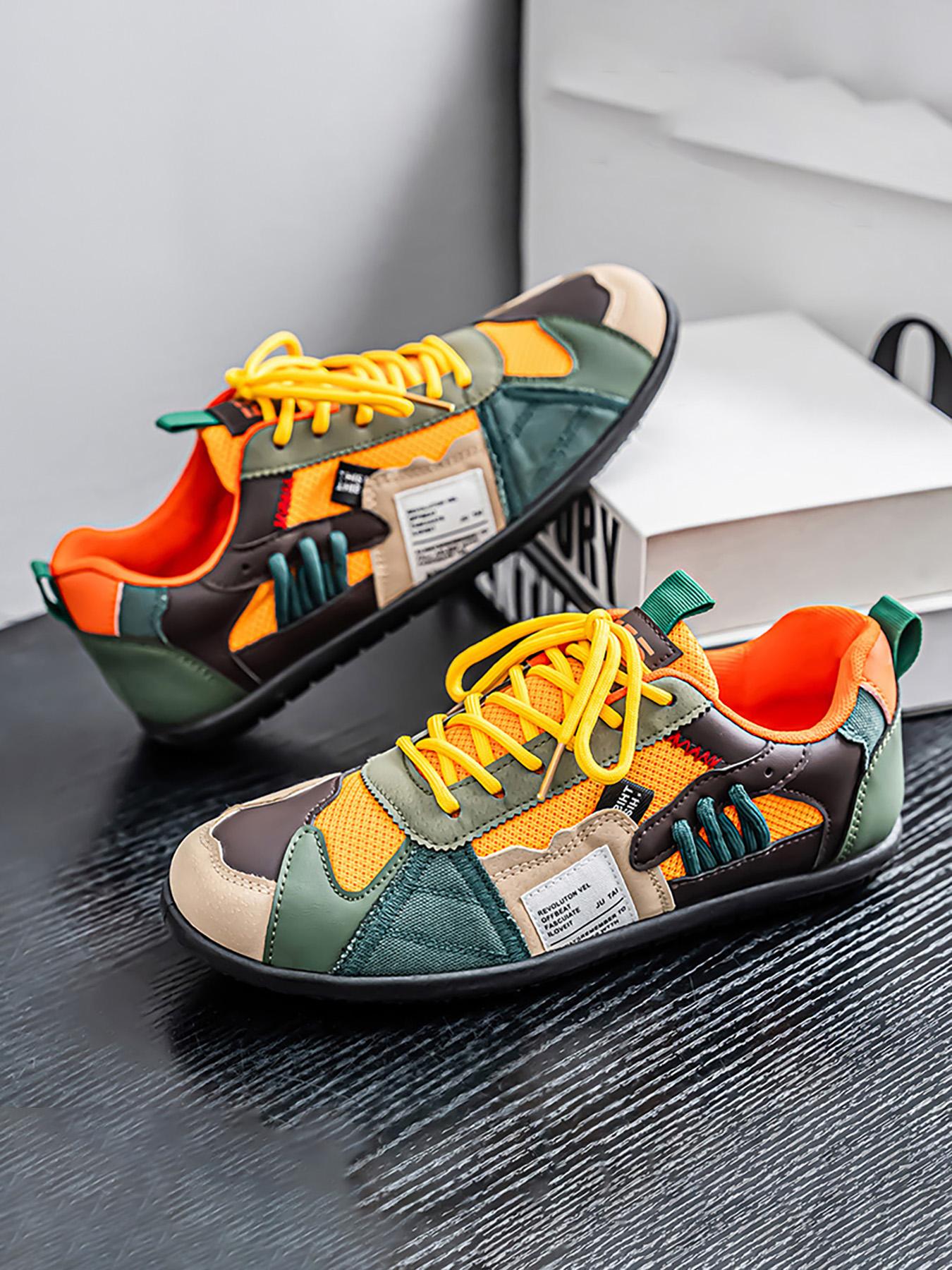 Men's Low Top Sports Shoes, Footwear Sneakers, Olive //gold///cream Color, Lace-Up Casual Style, Comfortable Buffer Design, Fashion Trendy Walking Pu Textile Sneakers, Casual Use Sneaker