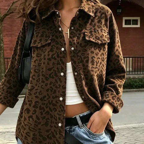 Women's Plus Size Fashion Leopard Print Button Front Lapel Pockets Loose Casual Jacket, Stylish and Comfortable Outerwear for Everyday Wear