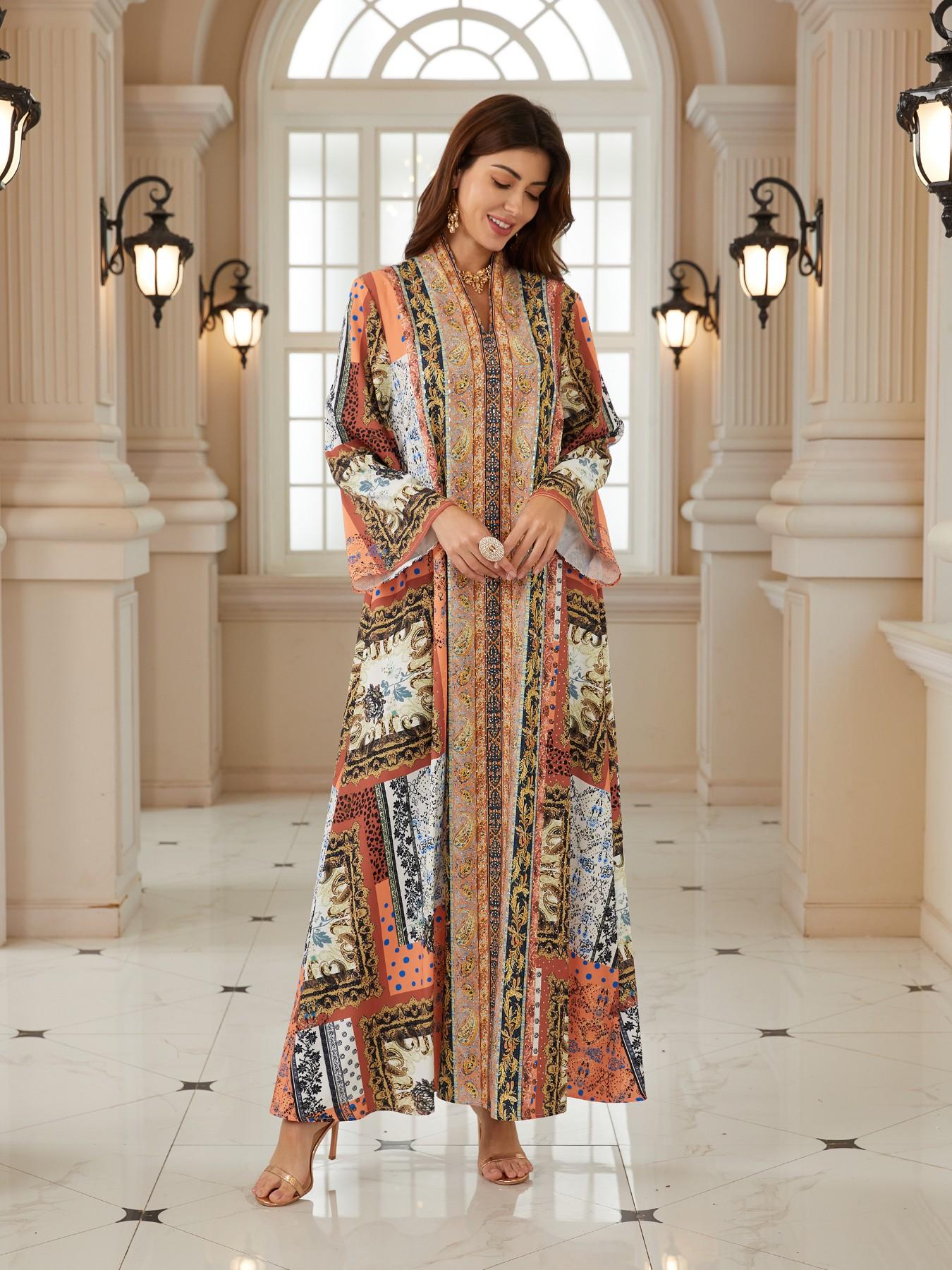 Middle Eastern Ramadan Women's Vintage Patchwork Paisley Rhinestone Long Robe, Dubai Style Festival Evening Gala Kaftan Abaya