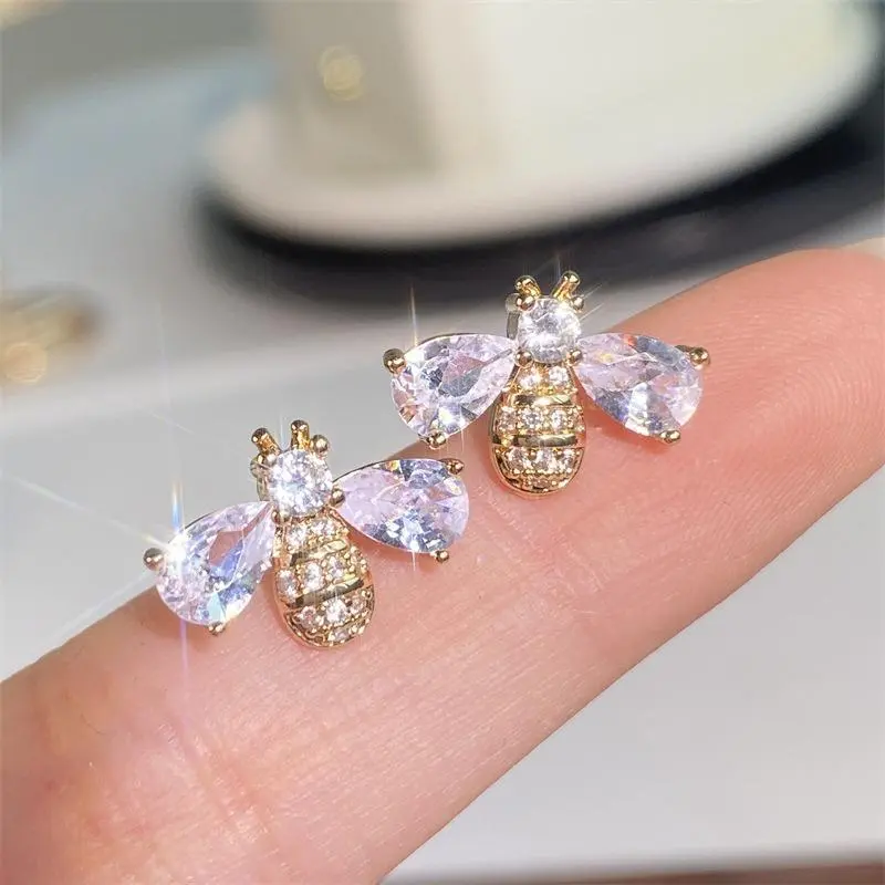 Women's Cute Bee-Insect Shape Zircon Stud Earrings with Cute Charms - Mini Sized Daily Wear Jewelry, Avoid Scratches, Versatile All-Match Fashion Accessory, Ideal Small Birthday Gift