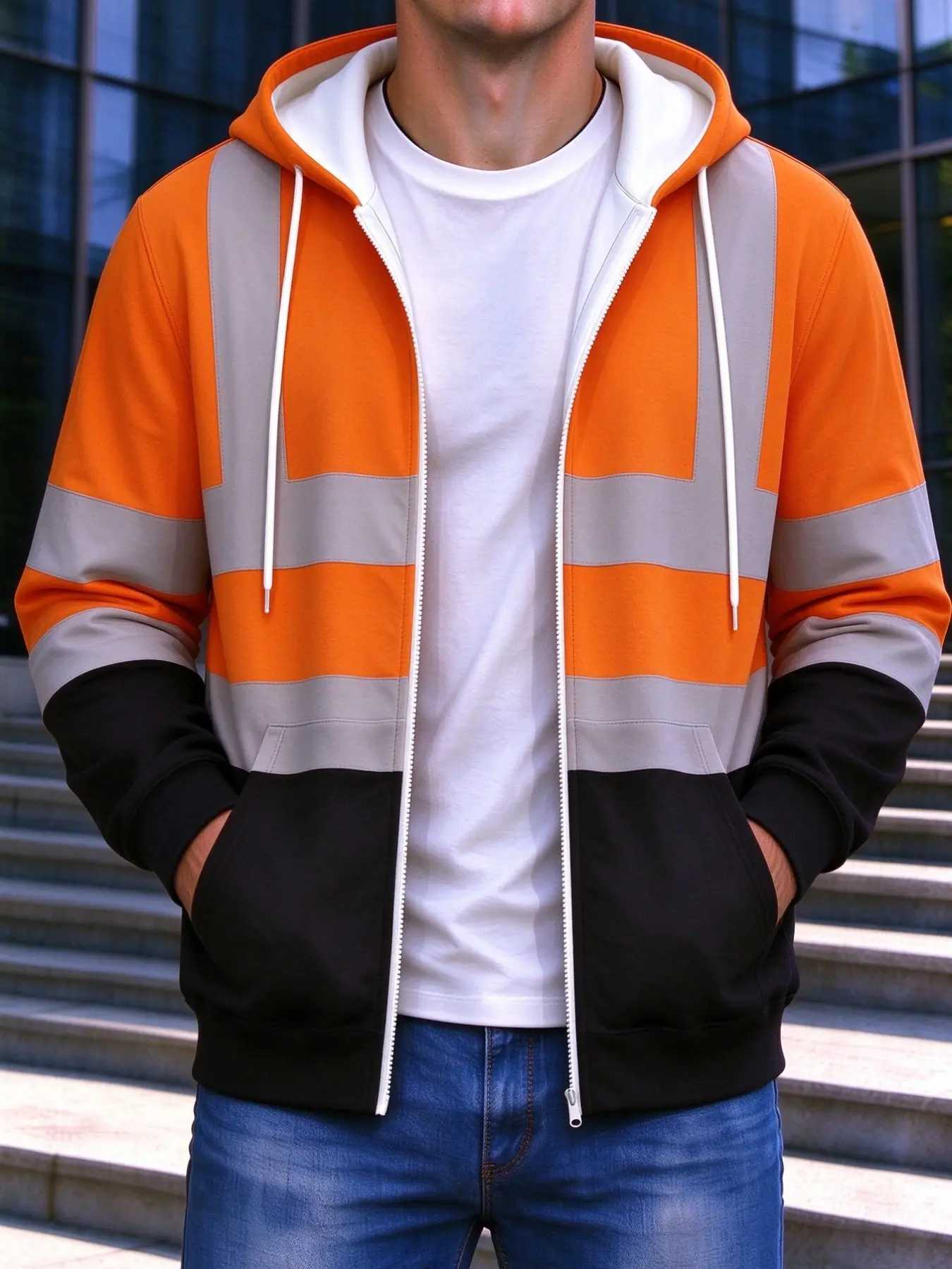 Men's Colorblock Zip Up Hooded Zipper Work Jacket, Contrast Design, Soft Knit Fabric, Pocket Drawstring Hat, Outdoor Workwear, Casual Hoodie