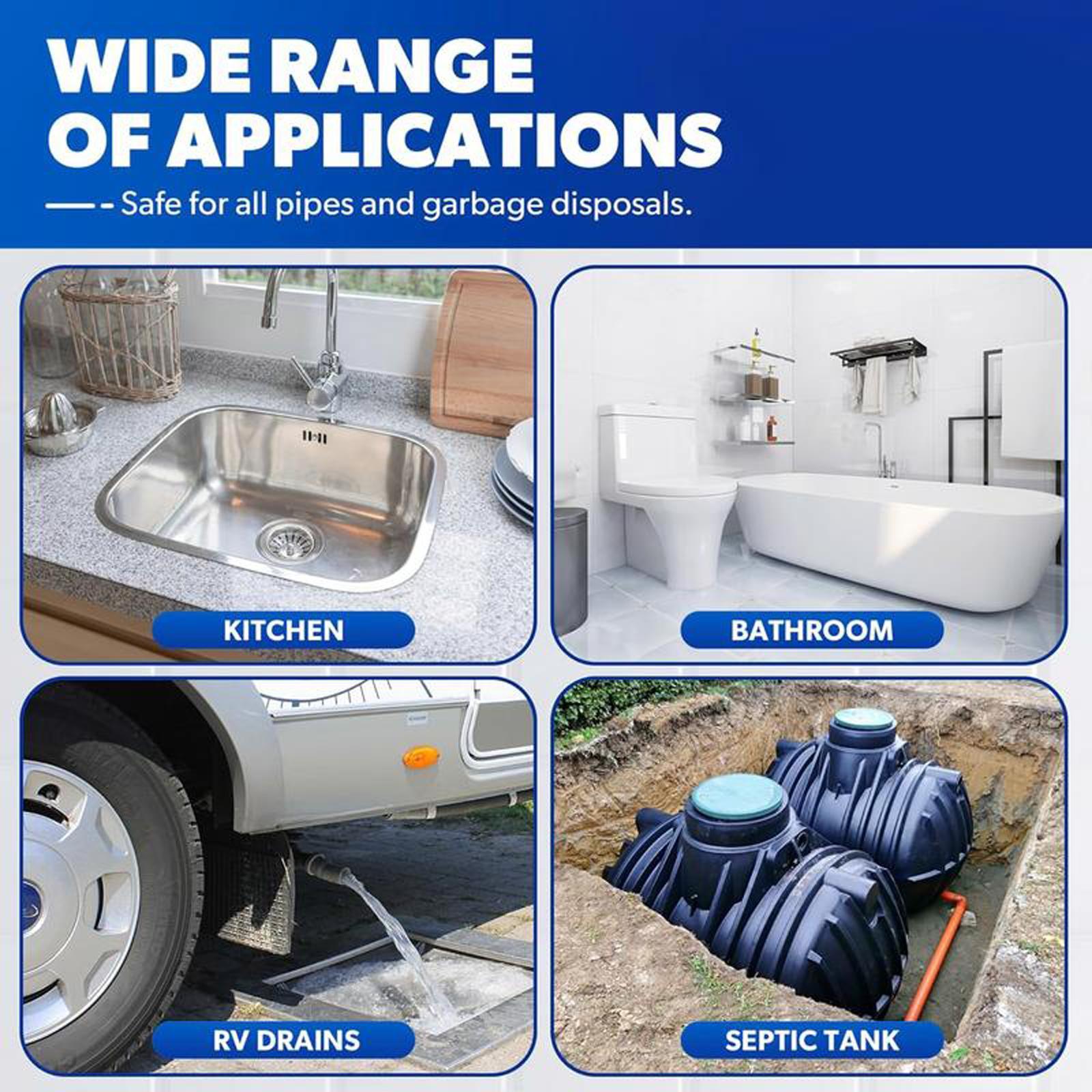 Dissolves Over 200 Types of Clogs and Kills 99% of Bacteria,Suitable for Kitchen Sinks,Shower Drains,and Bathtubs.