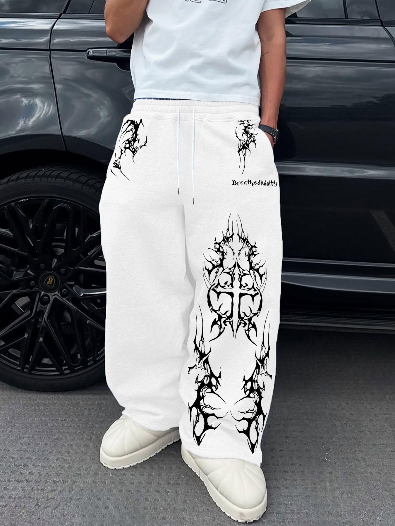 Men's Fashion Casual Sport Pants, Dark Totem Print, Cool Style, Loose Fit, Drawstring Waist, Breathable Sweat-Absorbent, Streetwear, Athletic Bottoms