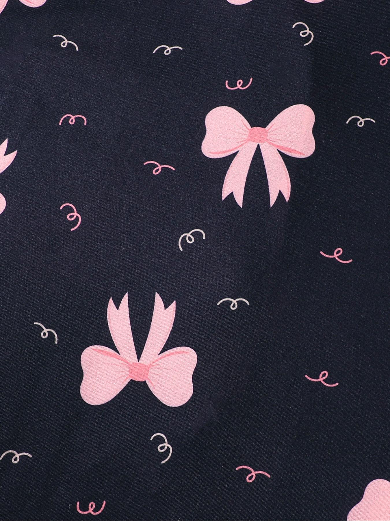 Sweet Bow Print Kids Pajama Set, Base Fitted Short Sleeve Top & Elastic Waist Shorts, Casual Home Wear for Girls, Pajama Sleepwear