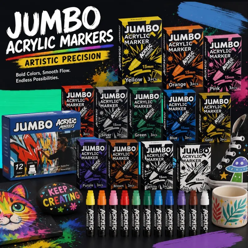 3/12 Pack Jumbo Permanent Markers, 15mm Extra Wide Tip Acrylic Paint Markers for Rock Painting, Posters, Graffiti, Stone, Ceramic, Glass, Wood and Canvas