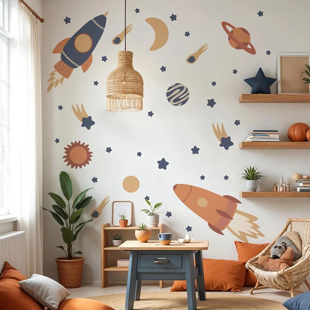 Cartoon Space Rocket Planet Wall Sticker, Galaxy Star Wall Decal, Perfect for Bedroom, Game Room, Living Room Home Decor