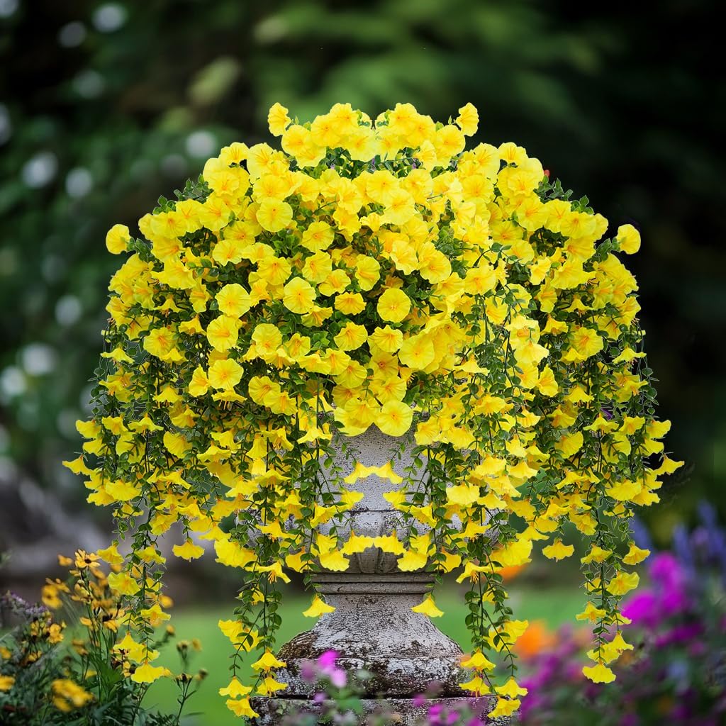 6 PCS Artificial Faux Hanging Flowers Plants for Outdoor Decor,Fake Silk Morning Glory with Eucalyptus UV Resistant Realistic Vines for Wall Home Porch Patio Balcony Yard Decor, Purple and Fuchsia, Artificial Flower Decoration