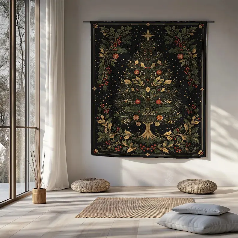 Vintage Christmas Tree Tapestry, Botanical Holiday Forest Wall Hanging, Lightweight Printed Tapestry, 60x40inch Tapestry, Christmas Decor Gift