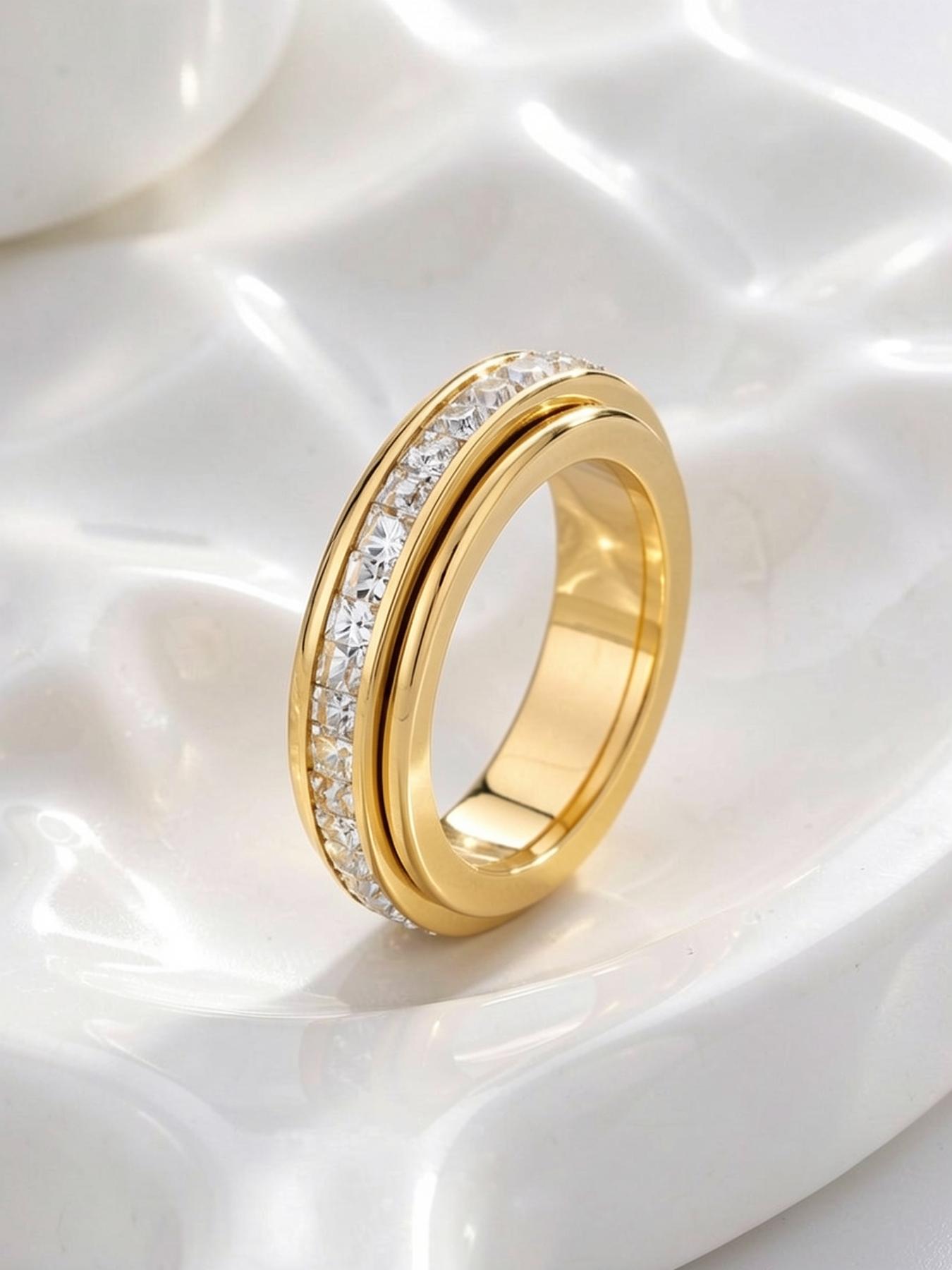 3-piece 18K anti-anxiety ring, fortune-turning rotating stress-relieving ring inlaid with zirconia to relieve anxiety # Jewelry/Stainless Steel/Fade-resistant/Allergy-proof/Couples/Festivals/Parties/Ideal Gift