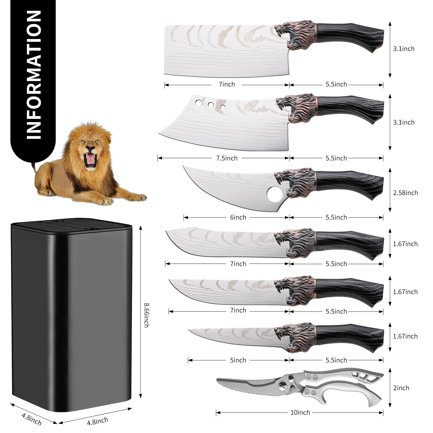 8pc kitchen knife set - Damascus laser pattern, kitchenware, black anti-wood grain plastic handle, knife stand storage convenient, cutting vegetables, cutting meat slaughtering, multi-functional scissors, outdoor camping, holiday gifts, local warehouse