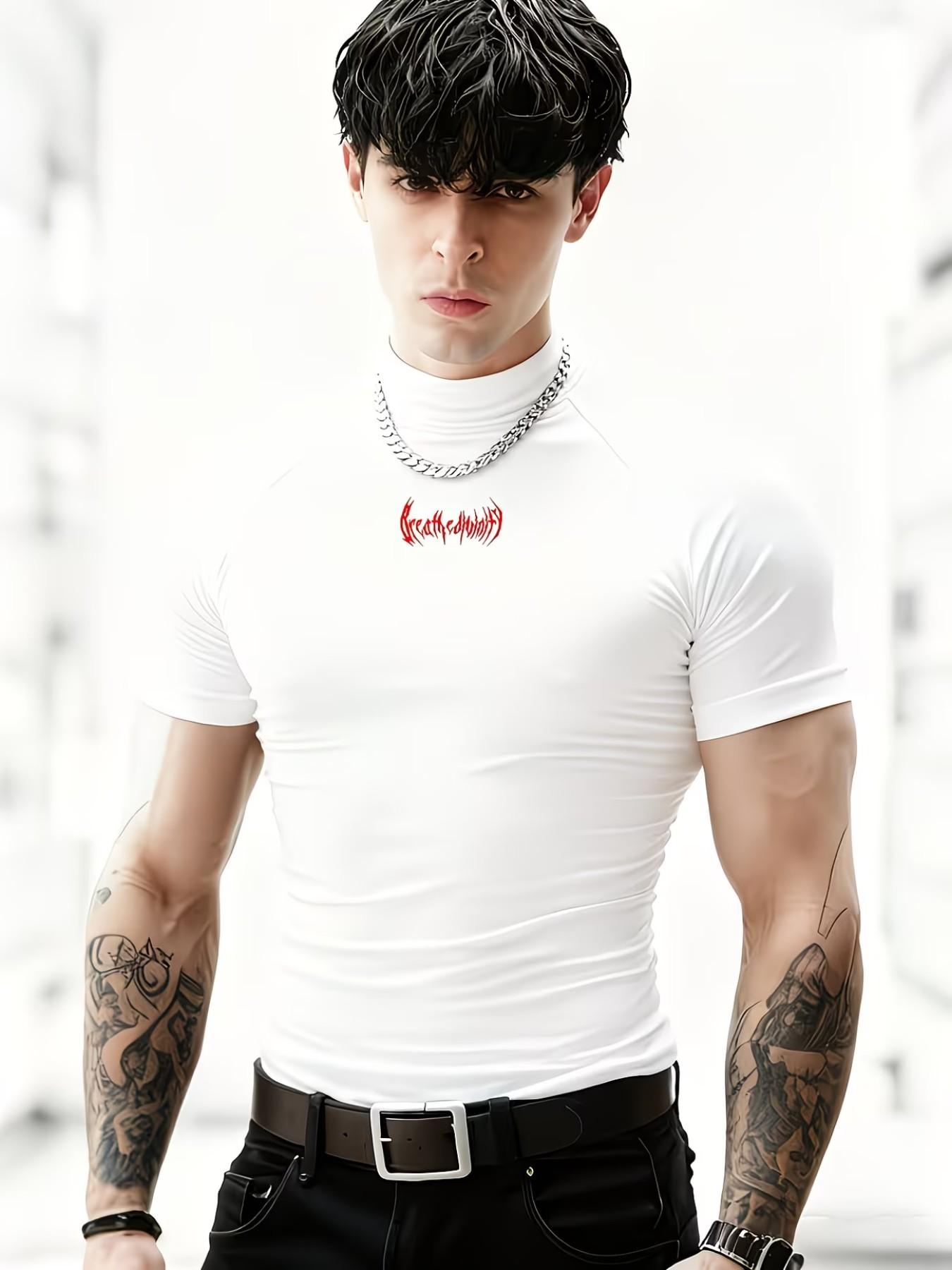 Men's Thorn Print High Neck Tight Fit Short Sleeve Gym Quick Dry Elastic Training Top, Sporty Casual Bottoms, All Seasons Wear