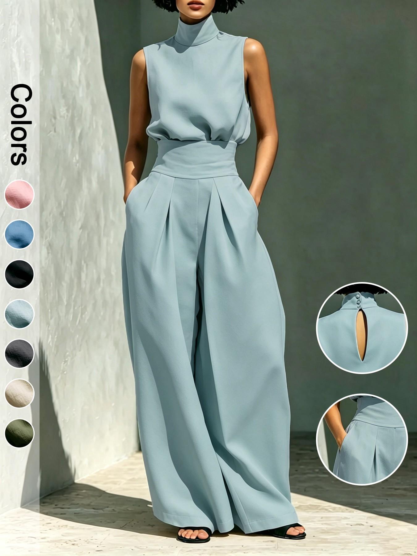 Women's Two-Piece Set, Clothes, High Waisted Sets, High Neck Sleeveless Top and High Waist Long Pants, Elegant Formal Office Wear Outfit