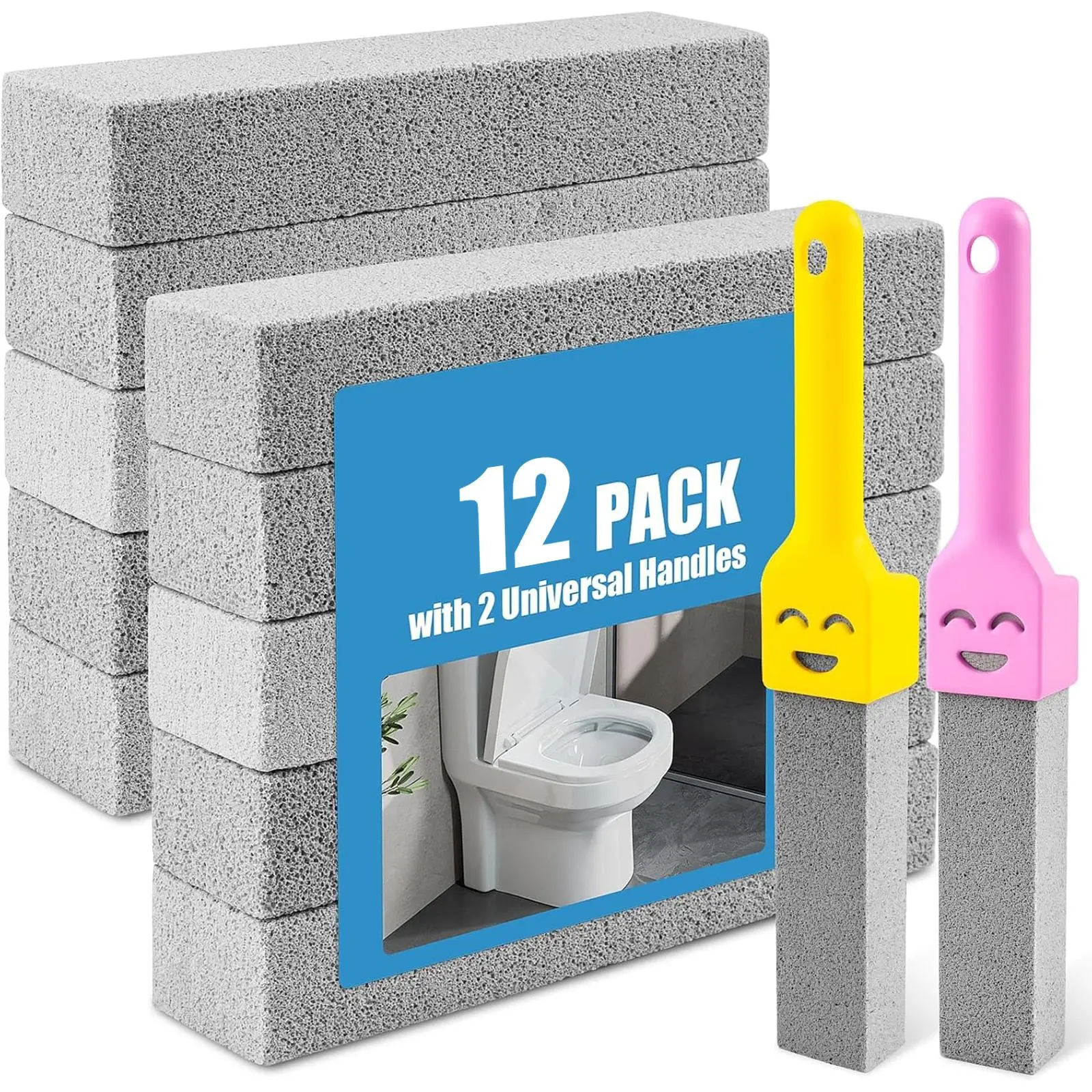 12-Pack Pumice Stone Toilet Cleaning Tools with Extra-Long Handle, Double-Sided Bowl Ring Limescale Stain Remover for Toilet, Bathtub, Tile - Daily Use Cleaning Set, Stone Scrubber