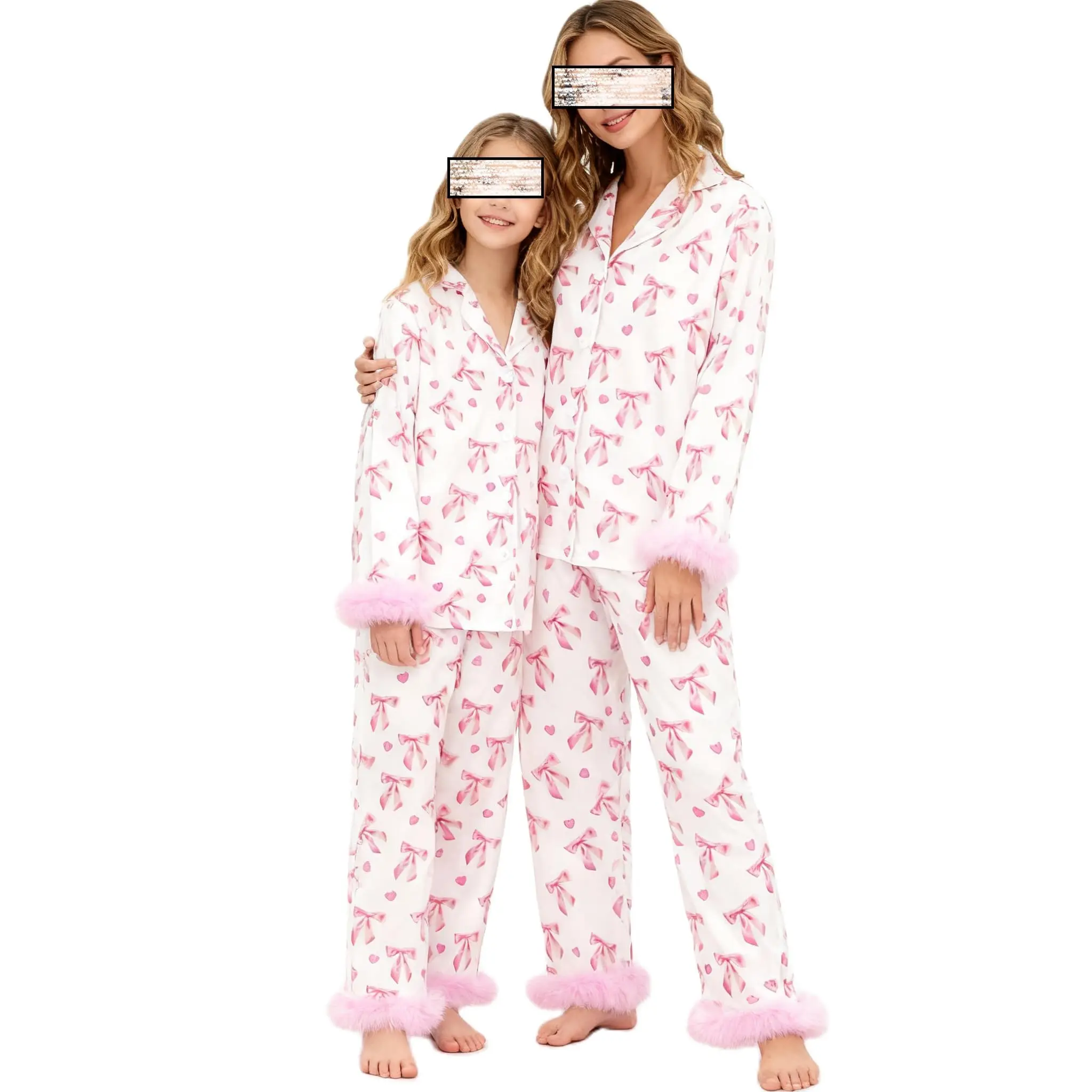 Babamoon Matching 2-Piece Satin Silk Nightwear Set for Women & Girls - Long Sleeve Tops, Pants, Feather Trim, Heart Print (Baby & Maternity Sleepwear for Christmas, Valentines)