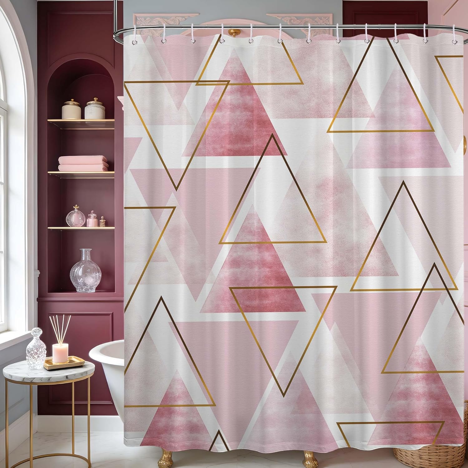 Sage Green and White Geometric Shower Curtain, Modern Olive Green Fabric Bathroom Decor, Includes Hooks for Shower, 1PC