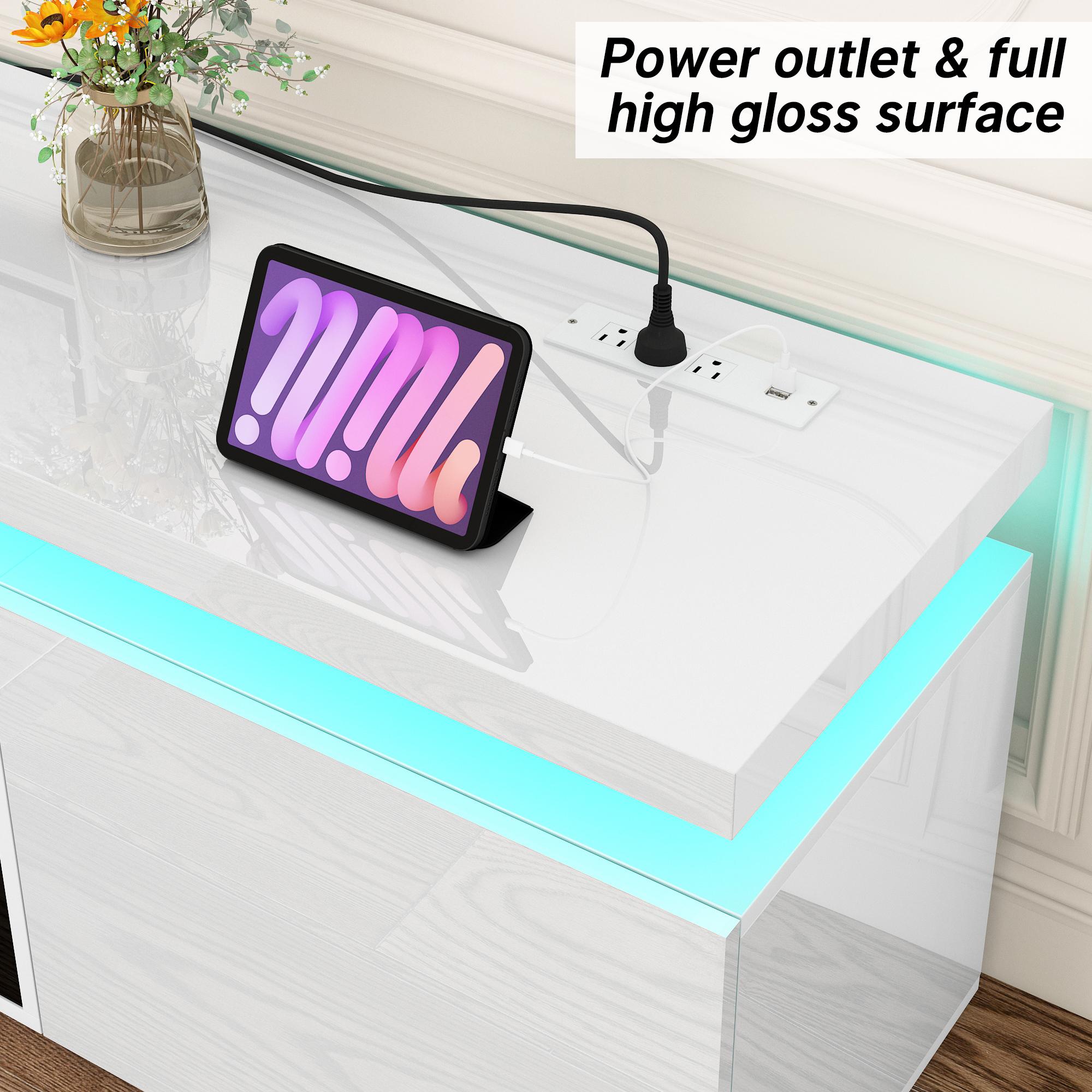 LED TV Stand for 70/75/80/85/90/95 inch TV/Fireplace TV Stand , TV Stand with 40" Electric Fireplace & Power Outlet, High Gloss Surface, 2 Storage Cabinet, Modern Style for Living Room (83 Inch/71 Inch, White/Black)