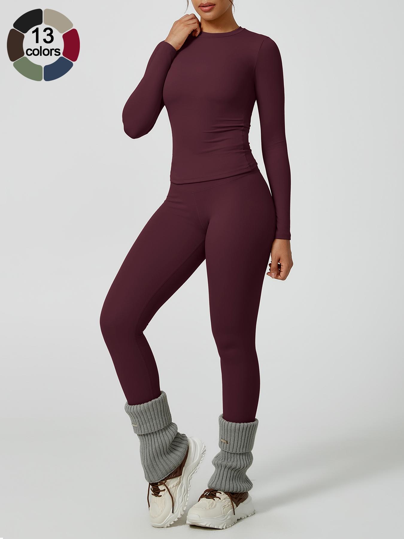 Women's Solid Long-Sleeve Tee & High-Waist Leggings Set, Sporty Round Neck Top & Skinny Pants 2-Piece Set for Gym Workout and Running, Ladies Fall & Winter Sportswear, Sports Fitness Wear, Workout Running Outfits