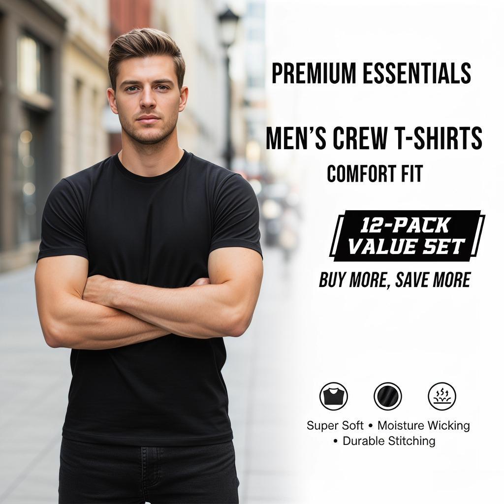 12-Pack $39.98  The more you buy,the lower the price. Stock up! Men's Black Crew Neck T-Shirt,Short Sleeve,Comfort Fit undershirts basic T-shirt Cotton Blend Basic Tee Easy Care Durable  Menswear Top outdoorfun
