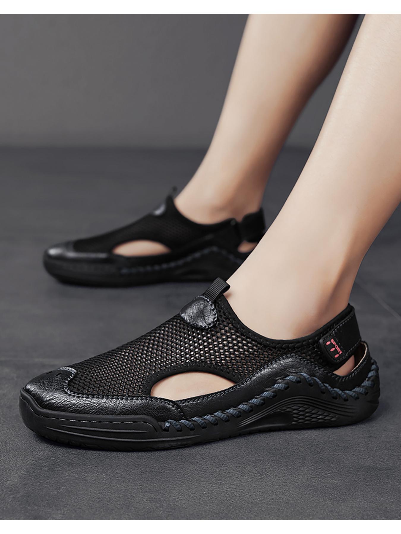 Men's Solid Color Mesh Breathable Closed-Toe Sandals, Hand-Stitched Soft Sole Water Shoes, Slip-On Casual Outdoor Beach Shoes